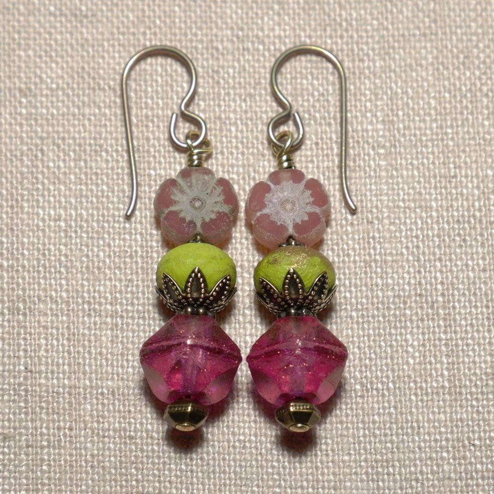 Hand Crafted Handmade Earrings Pink & Green Czech Glass Flower Earrings
